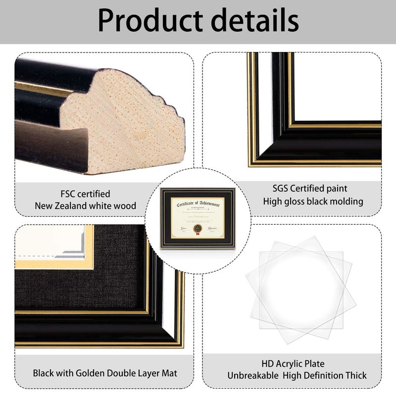 ELSKER&HOME Diploma Frames 11x14 with Mat- Solid Wood - Display 11x14 Document/Certificate with Mat or 15x18 without Mat - Wall Mount Display (Double Mat,Black Mat with Golden Rim) - Image 4